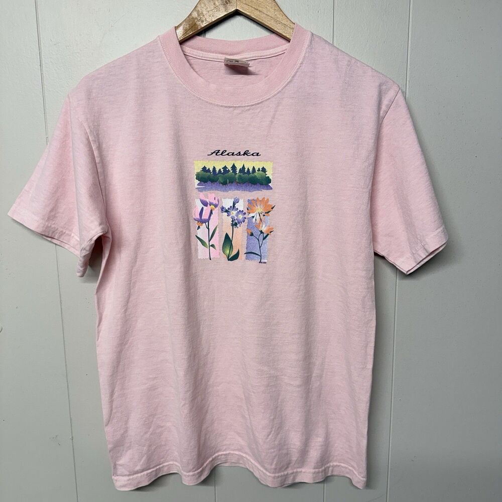 Vintage 2002 Anvil Alaska Wildflowers T-Shirt Pink Floral Graphic Tee Men S EUC